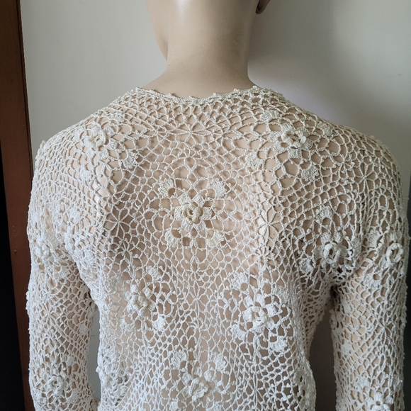 Vintage 60s Elegant Lace Crochet Cardigan Off-white Small - Picture 6 of 13